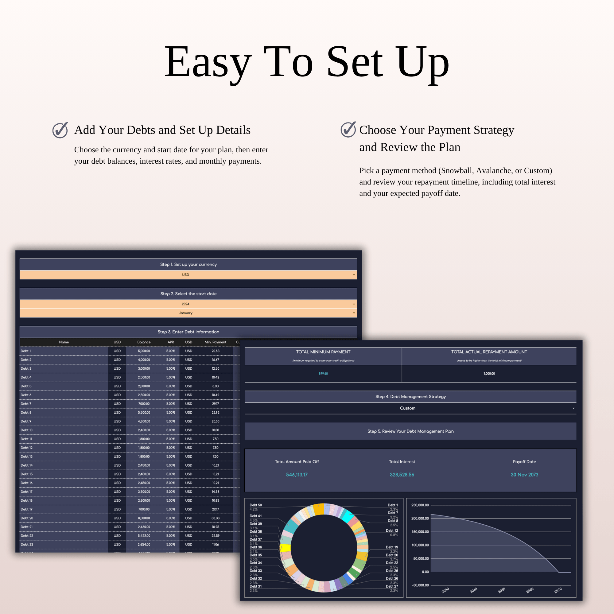 Debt Payoff Tracker | Excel & Google Sheets (Dark Theme)