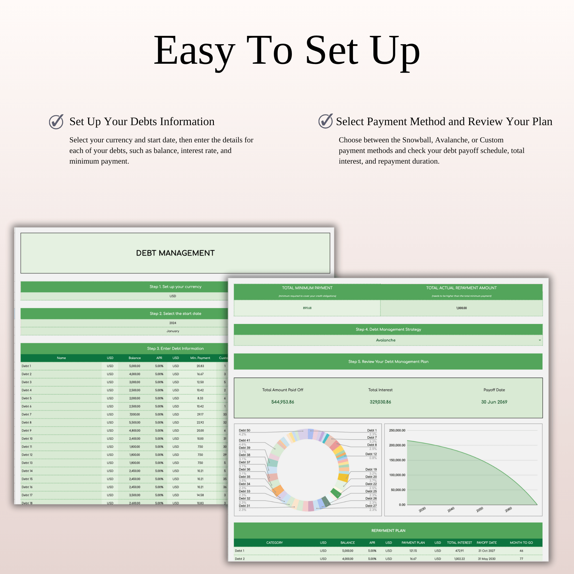 Debt Repayment Tracker | Snowball, Avalanche, Custom Order (Green Theme)