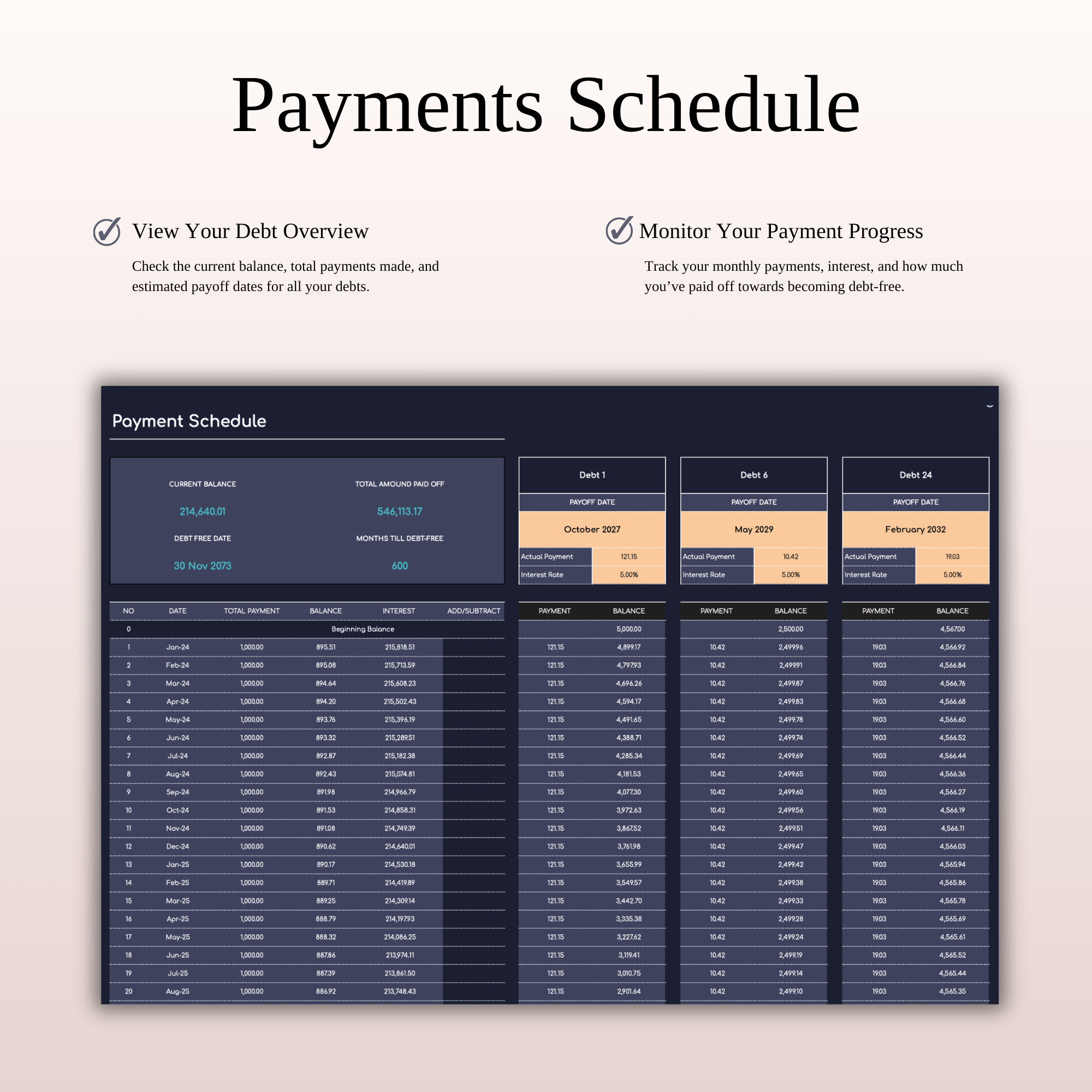 Debt Payoff Tracker | Excel & Google Sheets (Dark Theme)
