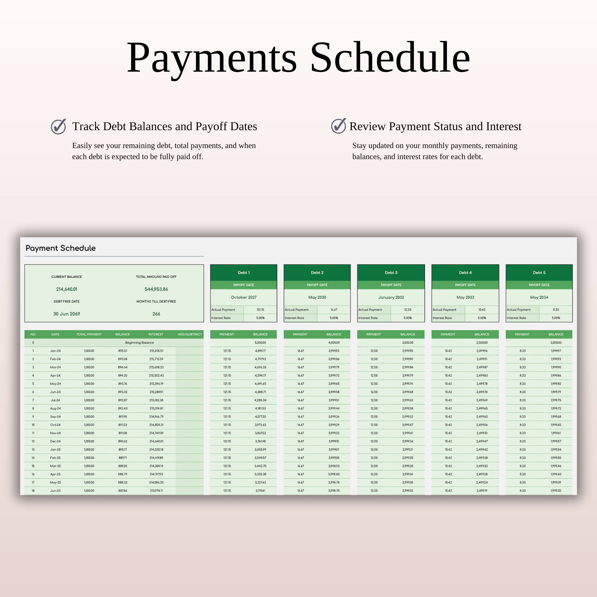 Debt Repayment Tracker | Snowball, Avalanche, Custom Order (Green Theme)