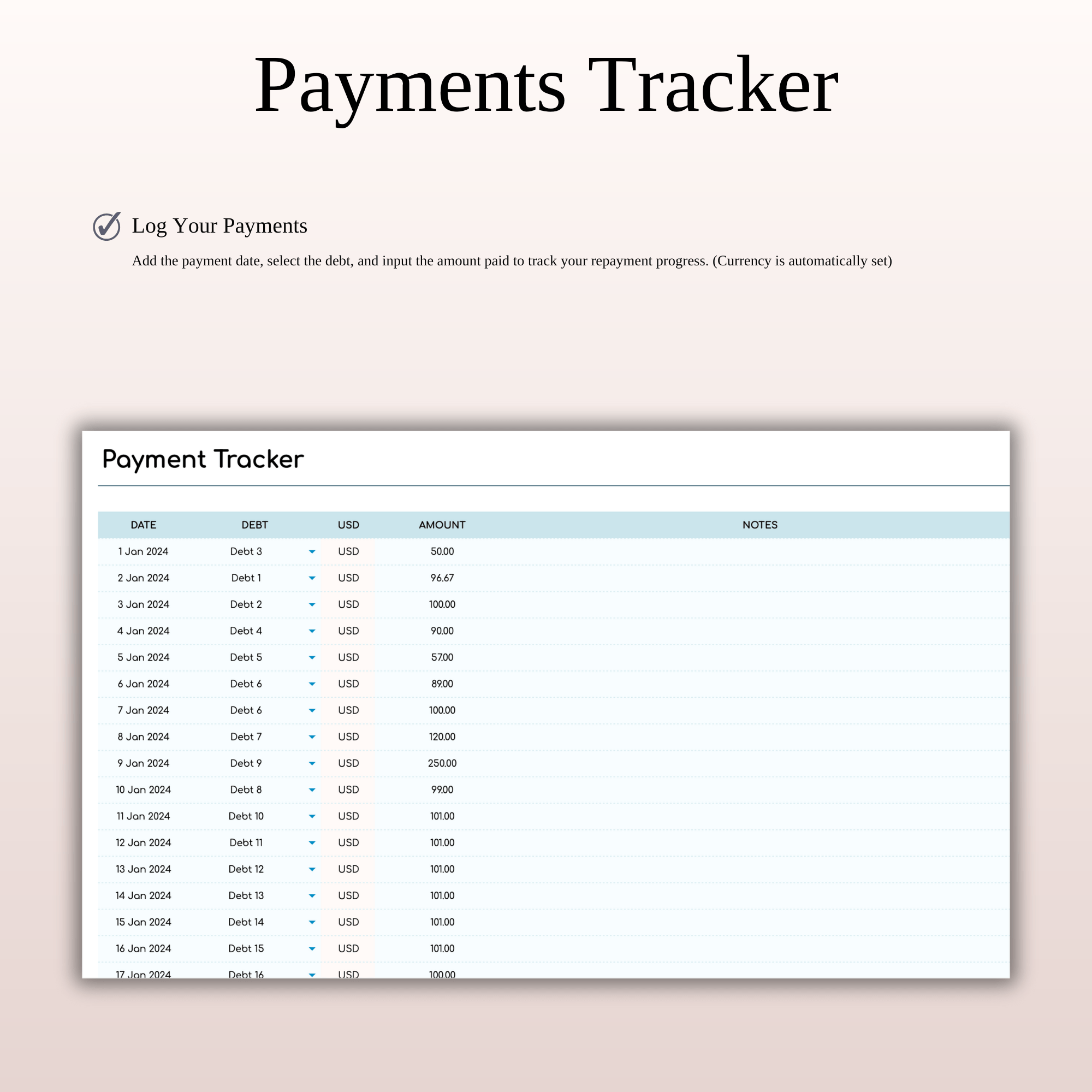 Debt Tracker Spreadsheet Template Excel & Google Sheets (Rainbow Theme)