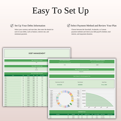 Debt Repayment Tracker | Snowball, Avalanche, Custom Order (Green Theme)