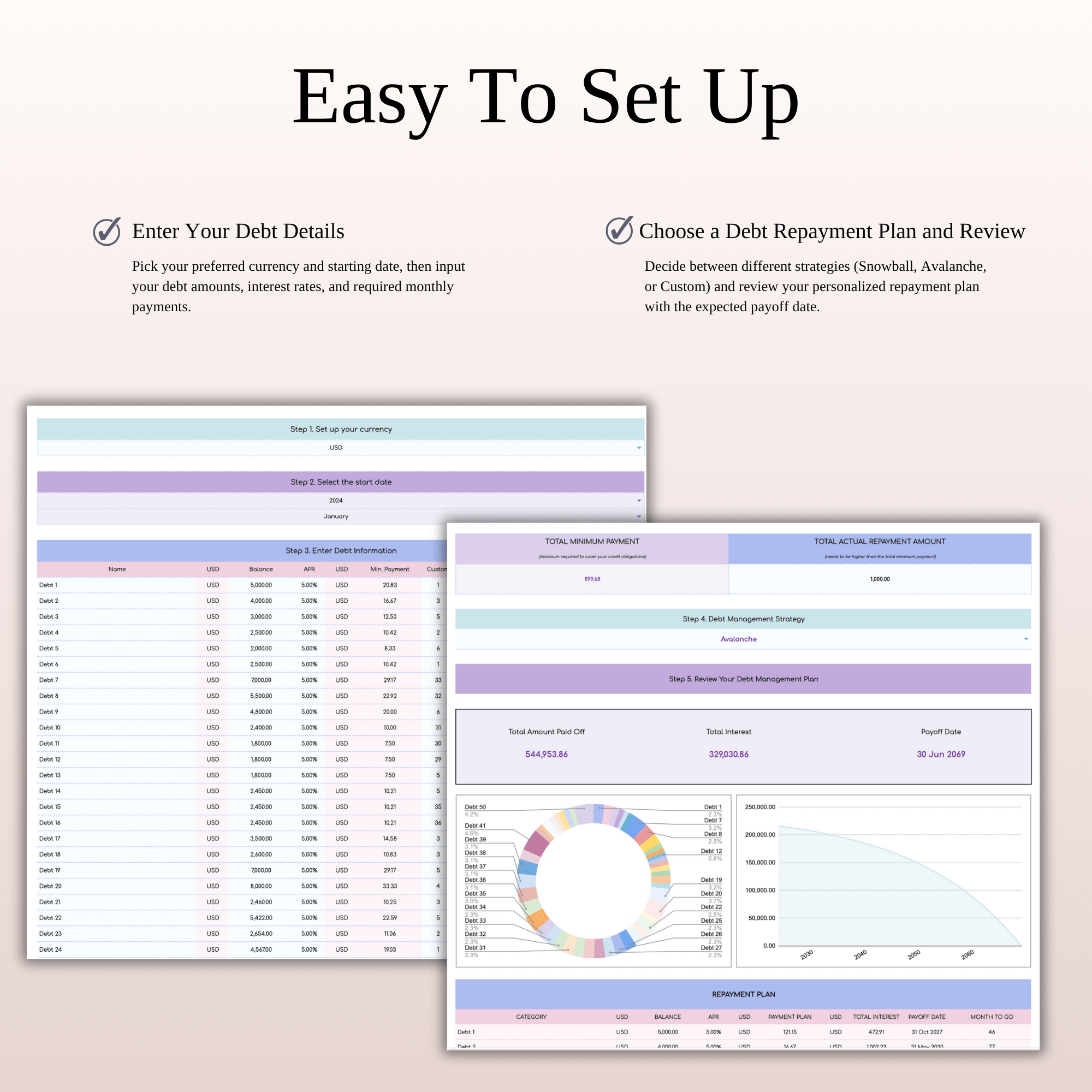 Debt Tracker Spreadsheet Template Excel & Google Sheets (Rainbow Theme)