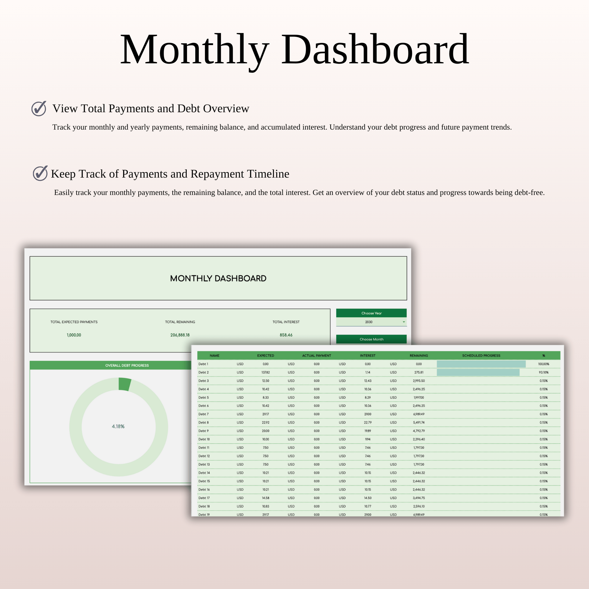 Debt Repayment Tracker | Snowball, Avalanche, Custom Order (Green Theme)