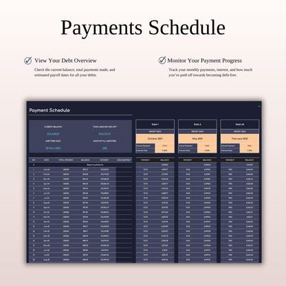 Debt Payoff Tracker | Excel & Google Sheets (Dark Theme)