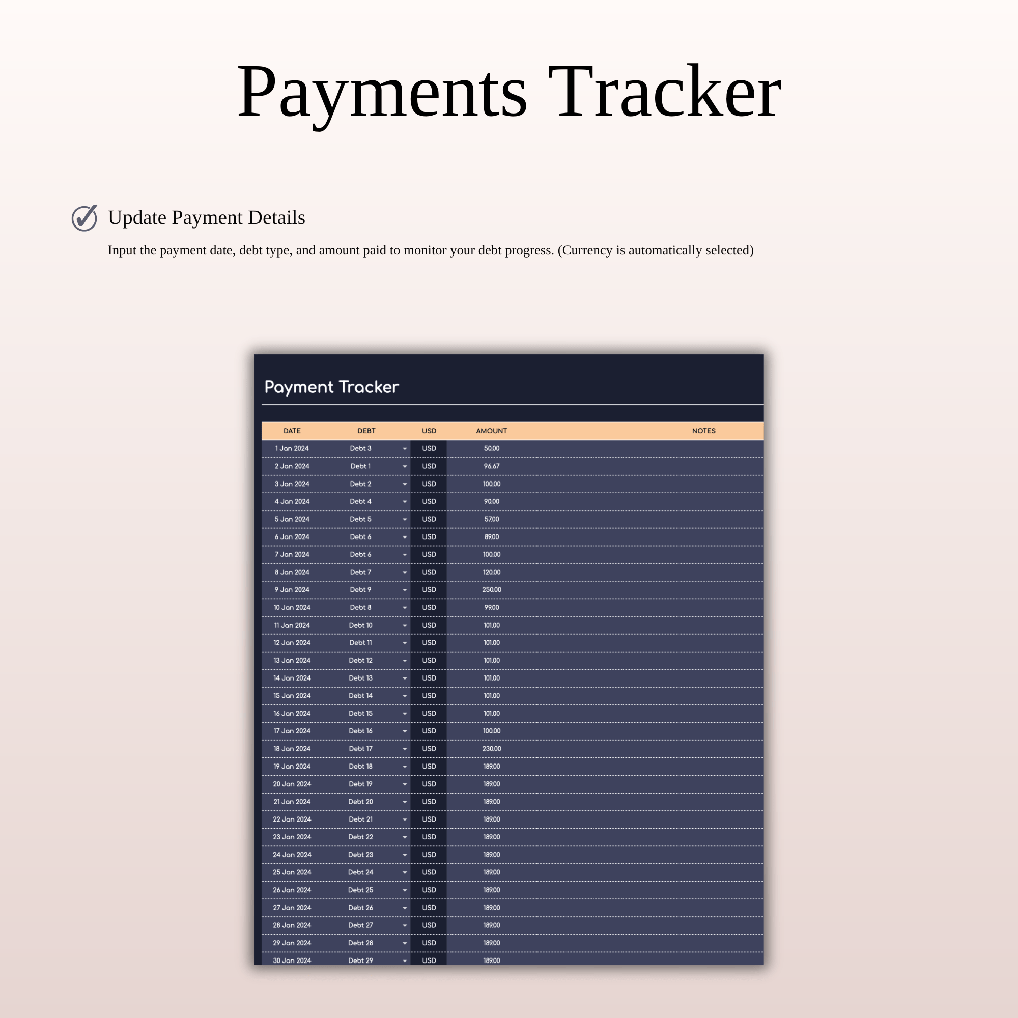 Debt Payoff Tracker | Excel & Google Sheets (Dark Theme)