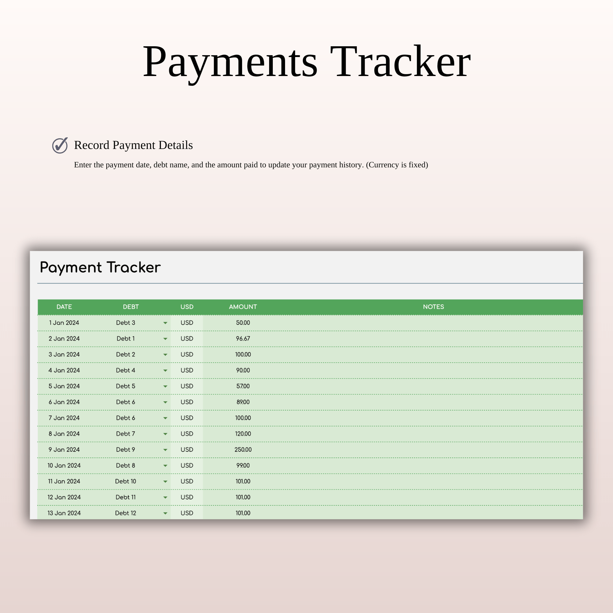 Debt Repayment Tracker | Snowball, Avalanche, Custom Order (Green Theme)