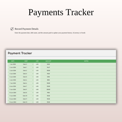 Debt Repayment Tracker | Snowball, Avalanche, Custom Order (Green Theme)
