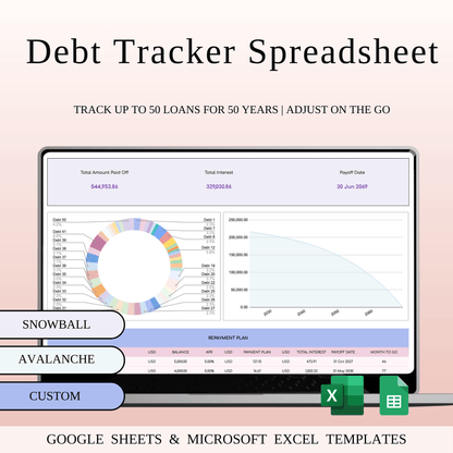 Debt Tracker Spreadsheet Template Excel & Google Sheets (Rainbow Theme)